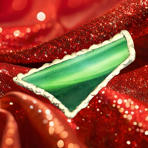 VTG Handcrafted Green Art Brooch 1970s Modernist Silver-Tone Artisan Pin - Picture 9 of 10